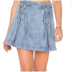 Free People Denim Mini Skirt 12 Light Blue Lace Up Front Pleated A-Line Jean